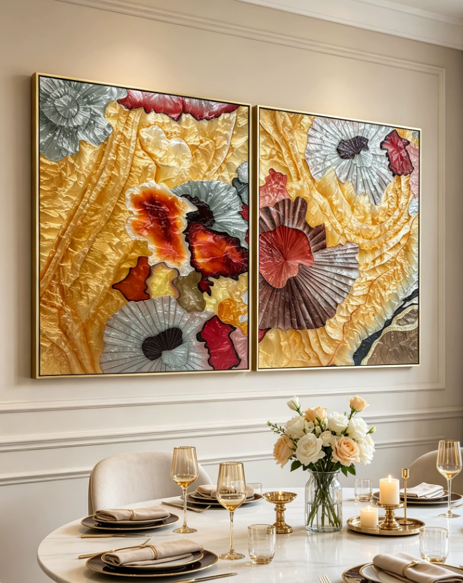 Vintage Golden Lotus Diptych